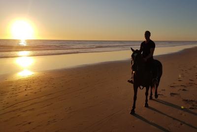 Impresionante paseo por la playa al atardecer ... ¡a caballo!